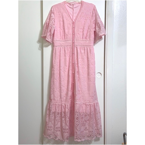 SHEIN Dresses & Skirts - Pink Boho Long Dress with Lace Overlay NWOT